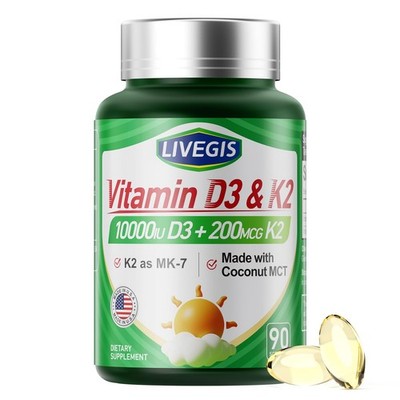 Vitamin D3 K2 Softgels, D3 10000 IU with K2 (MK-7) 200 mcg with Coconut Oil S...