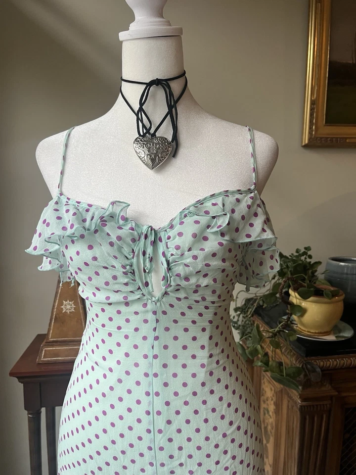 Vestido italiano vintage Emanuel Ungaro verde azulado y morado lunares 100% seda Foto 3 de 4