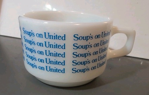 PYREX SOUP'S su UNITED AIRLINES BLU/BIANCO VETRO LATTE AEREO TAZZA DA VIAGGIO