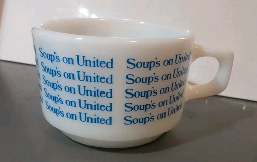 PYREX SOUP'S on UNITED AIRLINES  BLUE / WHITE MILK GLASS PLANE TRAVEL MUG CUP 