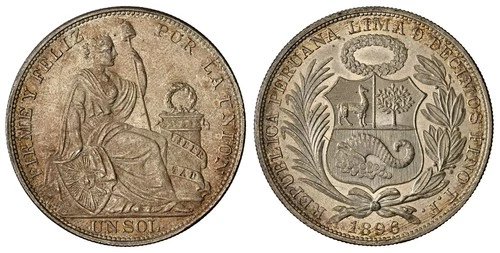 PERU. 1896 TF AR Sol. NGC MS65 Lima mint KM 196.26. Type XII.