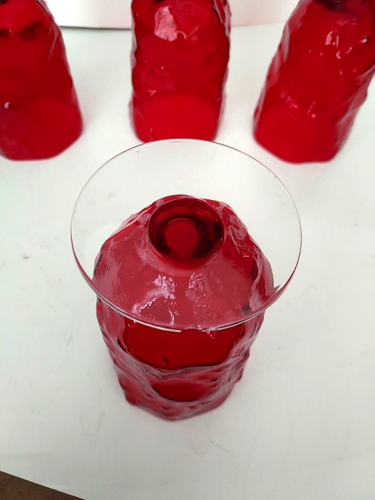 4 Morgantown Red Crinkle Iced Tea/Water Goblets Clear Glass Foot 5 1/4" Vintage - Picture 4 of 4