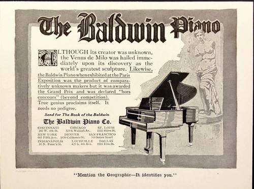 1916 Baldwin Piano Co. Pianoforte a coda Venere di Milo statua stampa antica pubblicità