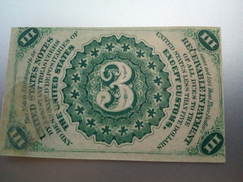 1863 FRACTIONAL CURRENCY 3 CENTS ABSOLUTELY UNCIRCULATED NO FOLDS - Picture 3 of 4