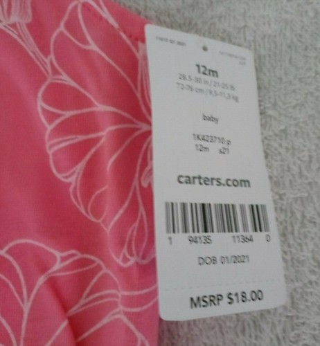 Carter's Baby Girl Floral Cotton Romper/NWT/Size 12M - Picture 5 of 5