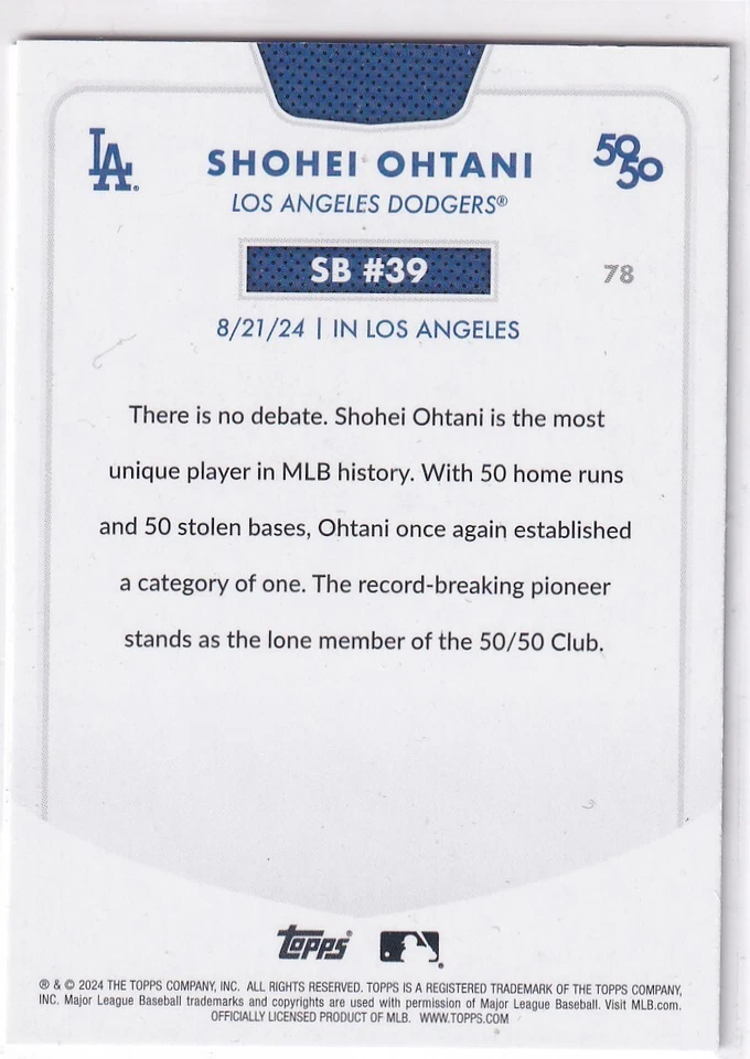 2024 Topps MLB Baseball 50/50 Numéro 78 Sb #39 Shohei Ohtani 8/21/24 - Photo 2/2
