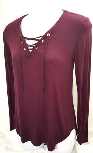 Rue 21 Top Womens XS Red Lattice V Neck Biker Rock Grunge Stretch Long Sleeve - Picture 8 of 12