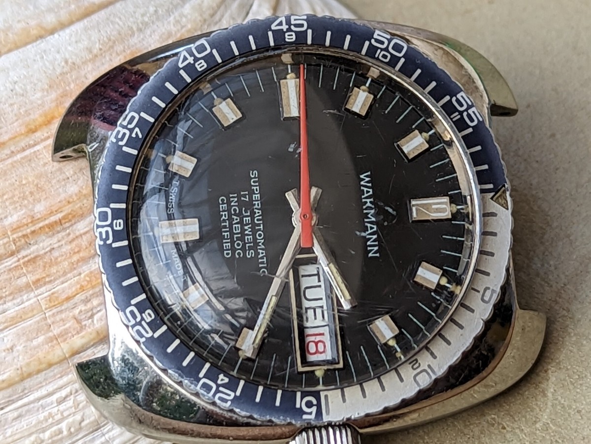 Vintage 1970s Wakmann Day-Date 20 ATM Diver Watch w/Patina,Runs