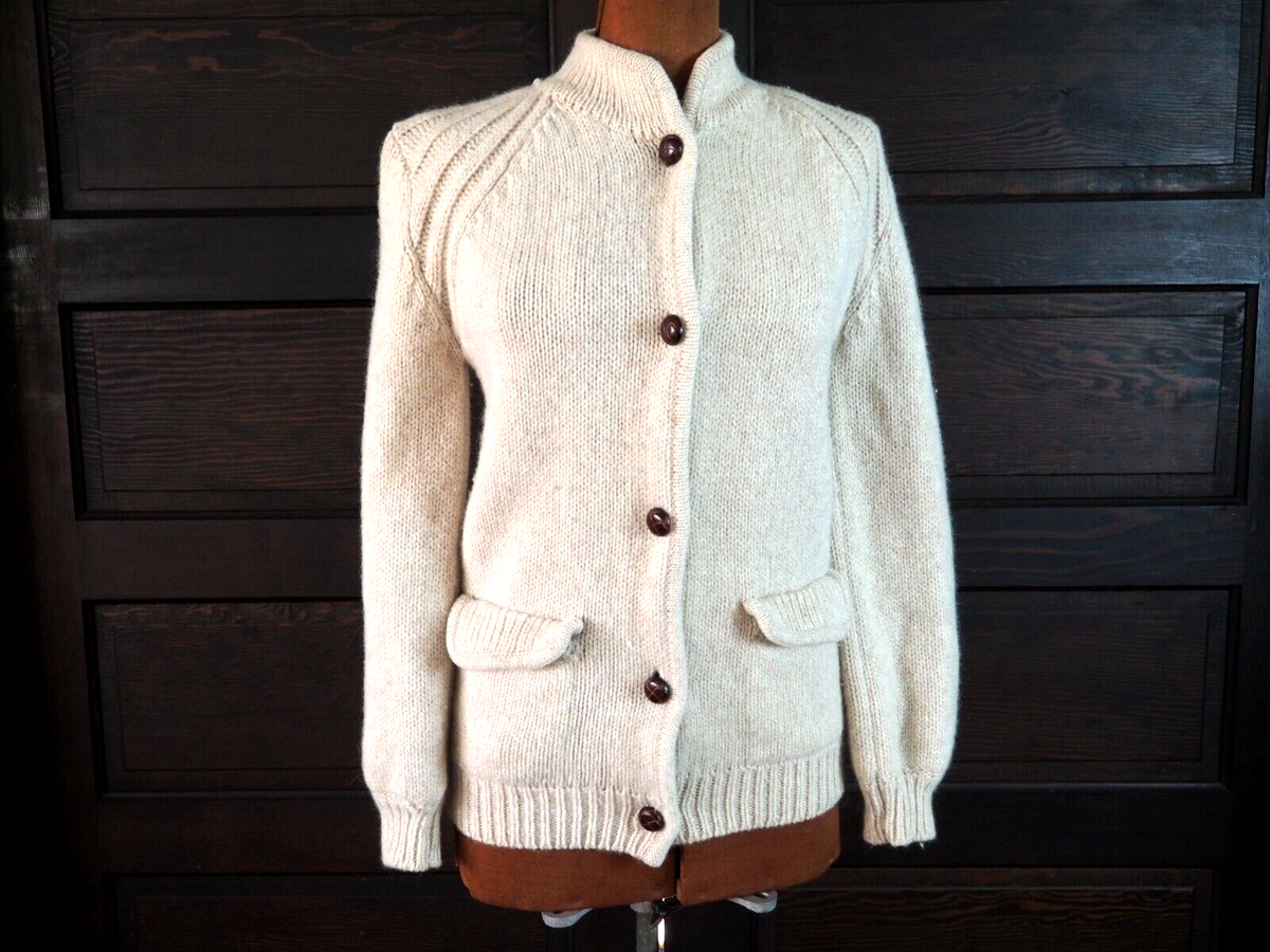 VTG 70s 100% Wool Cream Knit Button Pockets Peter G