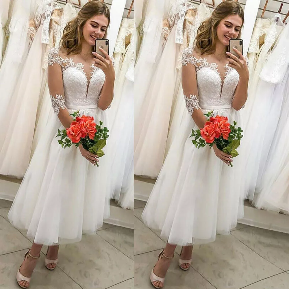 Short Beach Wedding Dresses with Sleeves Lace Appliques Tea Length Bridal  Gowns