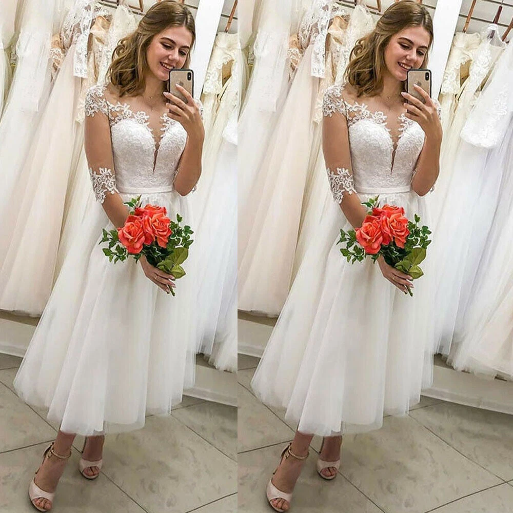Short Beach Wedding Dresses with Sleeves Lace Appliques Tea Length Bridal Gowns | eBay Short Beach Wedding Dresses with Sleeves Lace Appliques Tea Length Bridal Gowns | eBay