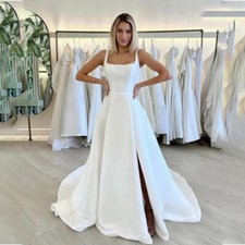 Simple Satin Wedding Dresses Spaghetti Straps Backless Side Slit Bridal Gowns