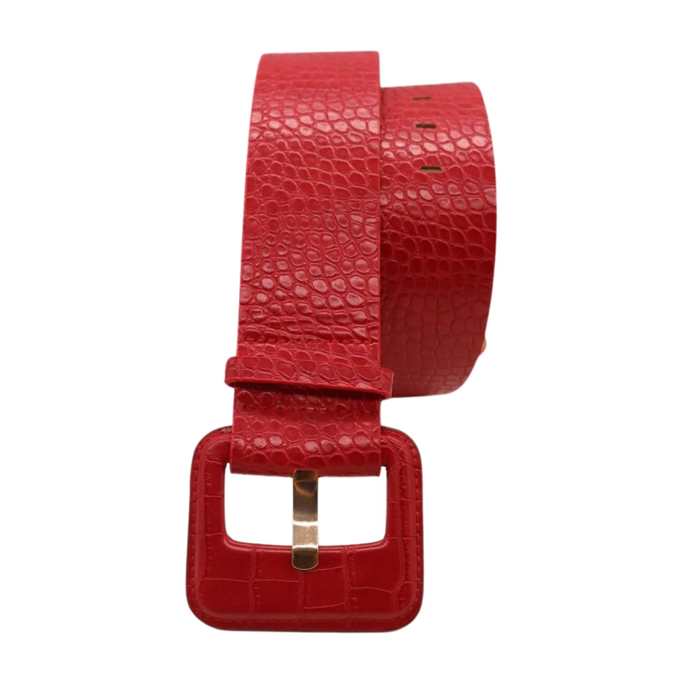 Cinturón de piel de animal de cuero sintético ancho rojo con hebilla cuadrada ajustable talla S M para mujer Foto 4 de 4