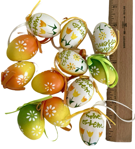Ostereier 12er Set ~ 1,5" dekorierte Kunststoff Ornamente mit Band orange grün - Bild 4 von 4