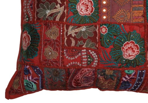 24" Square Khambadia Indian Embroidered Cushion Cover Pillow Sham Throw Dark Red - Picture 3 of 5