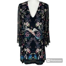 Alice + Olivia Zia Mythical Garden Mini Dress Sz S Floral Bird Black Whimsigoth