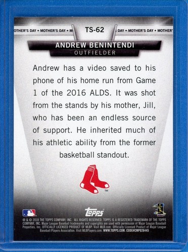 2018 Topps Series 1 Salute Mother's Day #TS-62 Andrew Benintendi Boston Red Sox - Picture 2 of 2