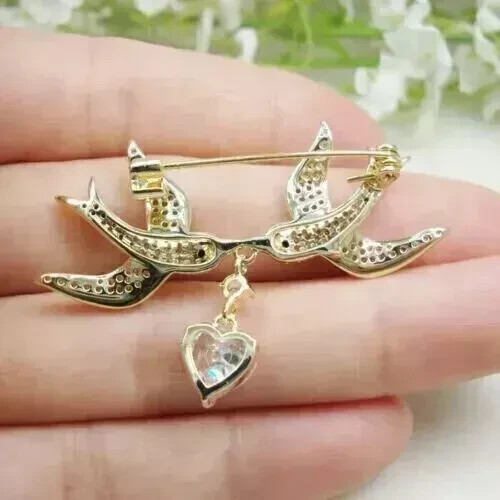 2.00Ct Round Cut Real Moissanite Love Bird Brooch Pin 14K Yellow Gold Plated - Picture 2 of 6