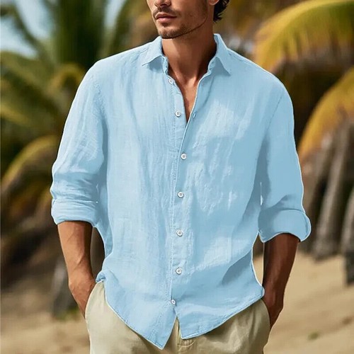 Knopfleiste Hemd Herren Langarm Baumwolle Leinen T-Shirt Freizeit Sommer Strand Tops - Bild 32 von 33
