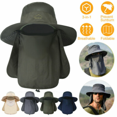 Mens UPF 50+ Sun Protection Cap Wide Brim Fishing Hat with Neck Flap Hiking Hats