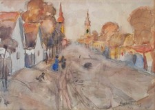 Tibor Galle City View Street Art Hungary Signed Original Watercolor 1924