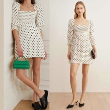 REFORMATION Zaria Polka Dot Mini Dress Crepe White Coquette Brunch Cocktail Boho