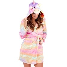 Womens/Ladies Unicorn Fleece Hooded Bath Robe/Dressing Gown Rainbow Size 8-22