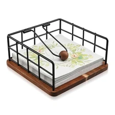 Flat Napkin Holder for Table, Acacia Napkins Holder with Weighted Arm, Rustic 