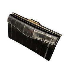 VTG Eel Skin Trifold Clutch Wallet Kiss Lock Black Checkbook 7x4 ID Window Korea