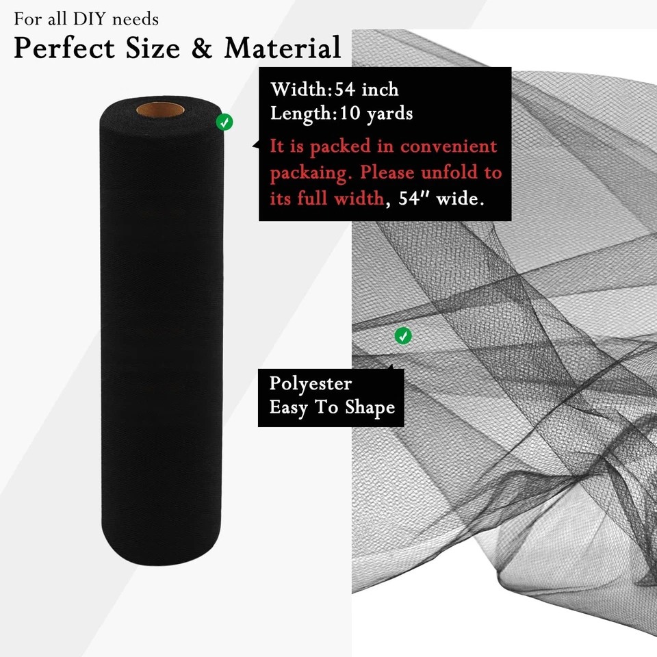 Rolos de tecido de tule preto 54 polegadas por 10 jardas parafuso de tule de tecido para casamento Ha... - Imagem 2 de 4