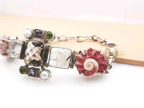 Quartz Pearl Amethyst Pink Shell Green Glass Silver Tone Bracelet 925 Hook 7-8" - Picture 3 of 11