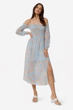 French Connection Floral Off Shoulder Smocked Midi Dress US 0 Blue Side Slit