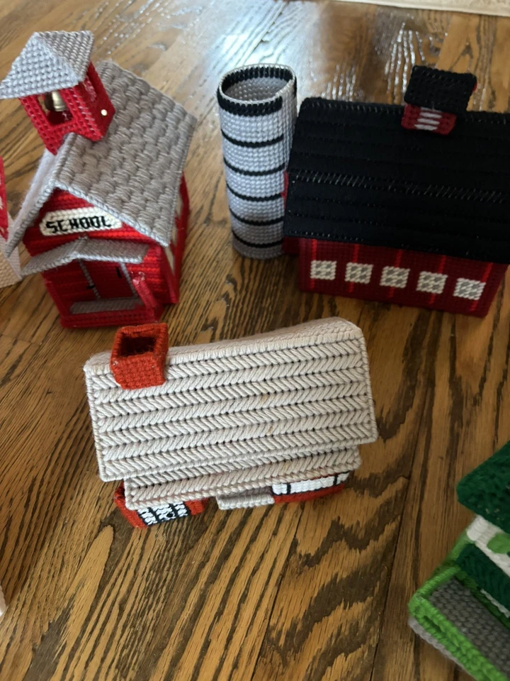 Vintage Handmade Canvas Needlepoint Lot, School, Barn, Church, Christmas Villag - Image 2 of 4