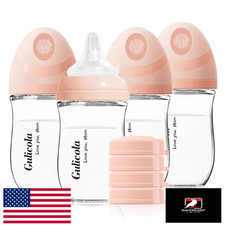 Gulicola Natural Glass Baby Bottle 4-Pack, 5oz, Extra Slow Flow Nipples SS , 0m