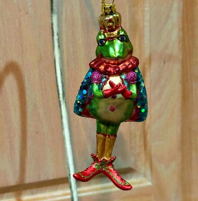 Blown Glass Frog Christmas Ornament Painted Green Royalty 6 Inches