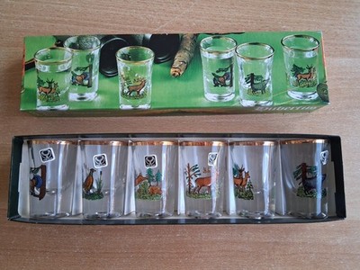Veba Glas Hubertus, 6 alte Stamper im Original Karton, Waldtier Motive, Nr. 799