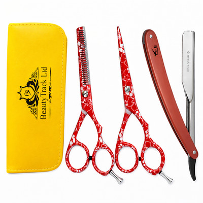 Profi Haarschneide Schere Ausdünnung Set Friseur Salon Schere Rot Blume