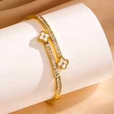 Four-Leaf Flower Shell Open Bracelet Women/Girls Zircon Gold Colour Jewelry Gift