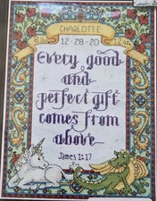 Design Works "Regal Birth Sampler" Cross-Stitch Kit-Unicorn & Dragon- James 1:17