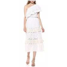 MISA Eyelet Dress White Tassel Clea One Shoulder Tiered Midi Size M
