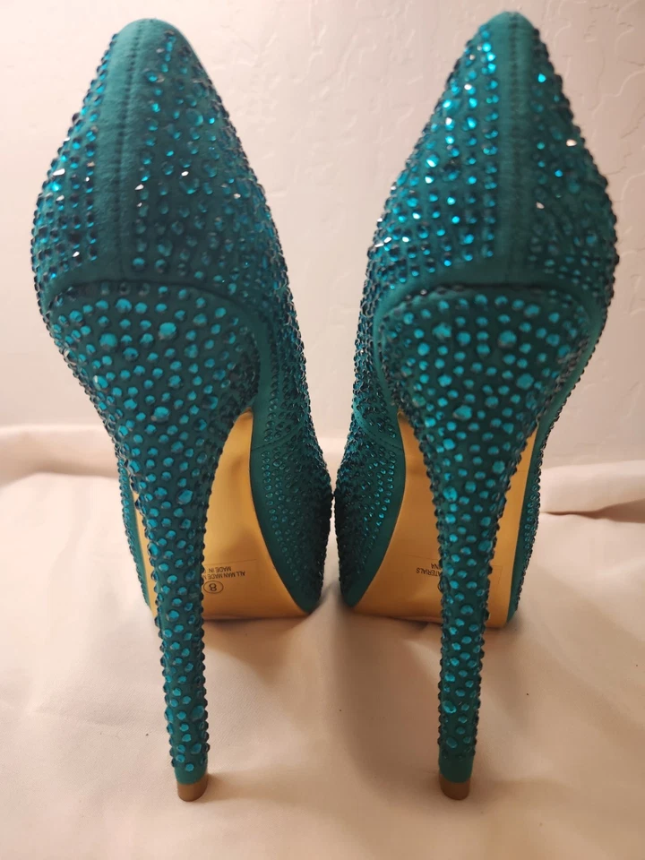 Tacones de aguja de noche para mujer pedrería graduación formal boda verde mar talla 8 Foto 4 de 4
