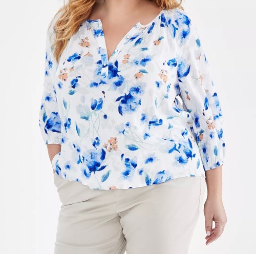 Style & Co Plus Size 2X Floral-Print Blue White Multi 3/4 Sleeves Top NWT - Picture 3 of 3