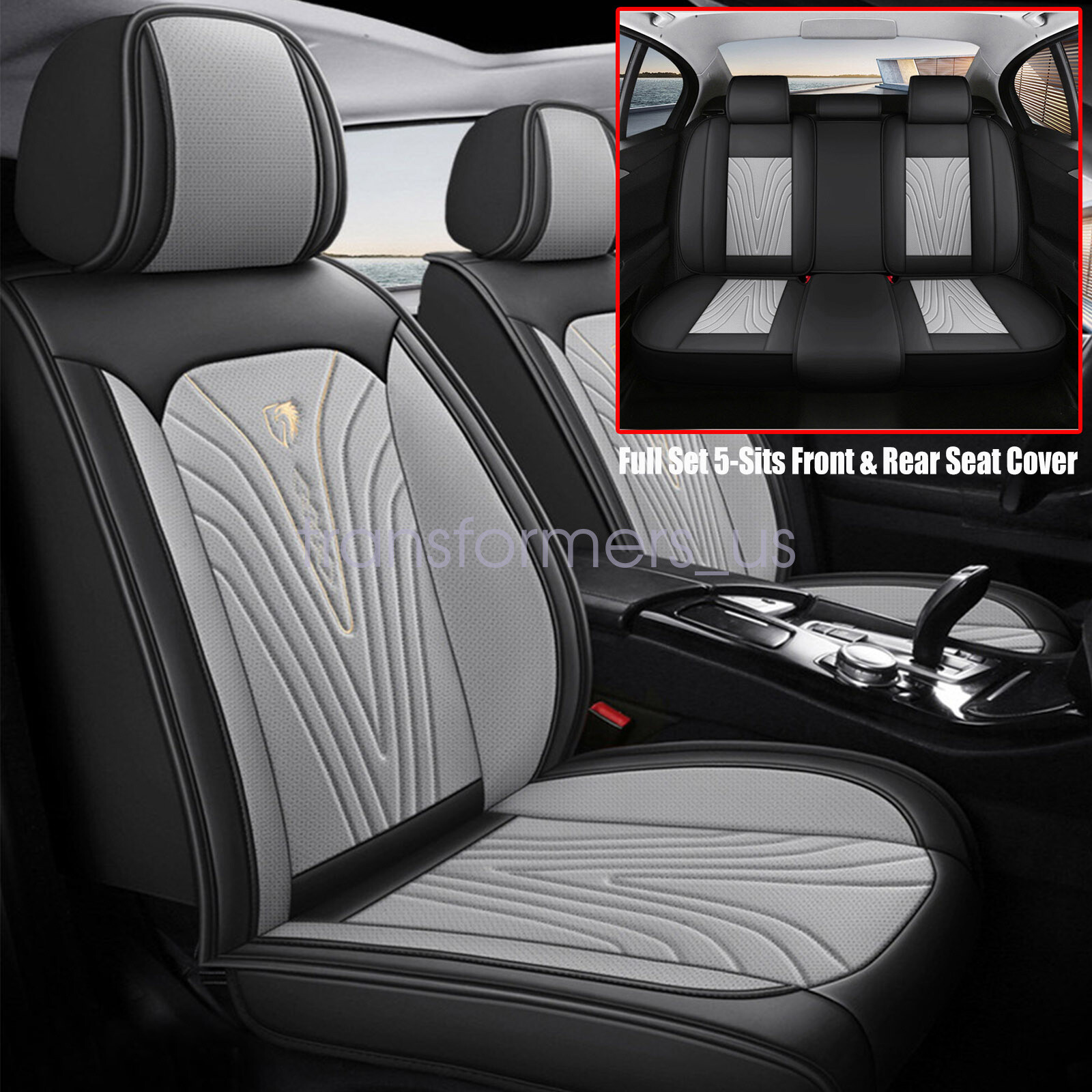 For Hyundai Front & Rear Seat Cover Full Set PU Leather Cushion Black & Gray NEW