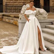 High Split A-Line Wedding Dress Off The Shoulder Zipper Back Satin Bridal Gown