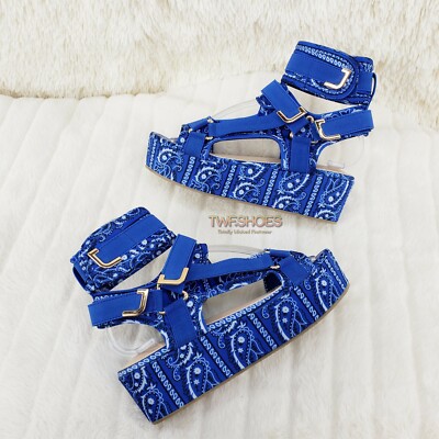 Bandana 2'' Platform Harness Strap Sandal Shoes Blue Bandanna