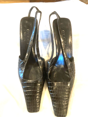 Gucci by Tom Ford S/S 1998 Black Crocodile Crystal G Slingback