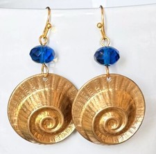 Stunning Gold Seashell and Blue Bead Dangle Earrings.