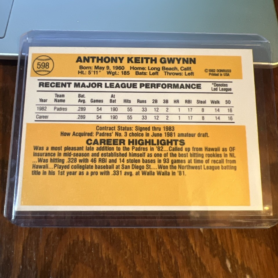 1983 Donruss Tony Gwynn Rookie RC Baseball Card 598 San Diego Padres