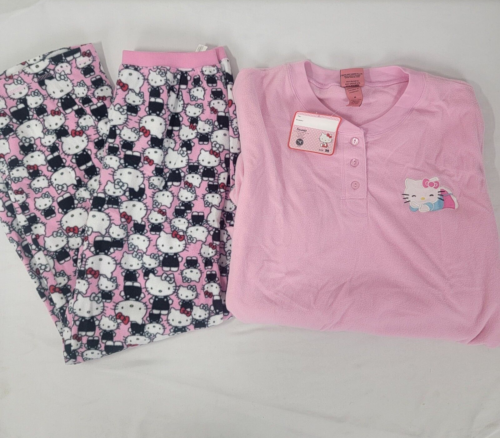 Hello Kitty 2 piece Women's Pajama Fleece Set NEW MEDIUM M Pink Black PJS