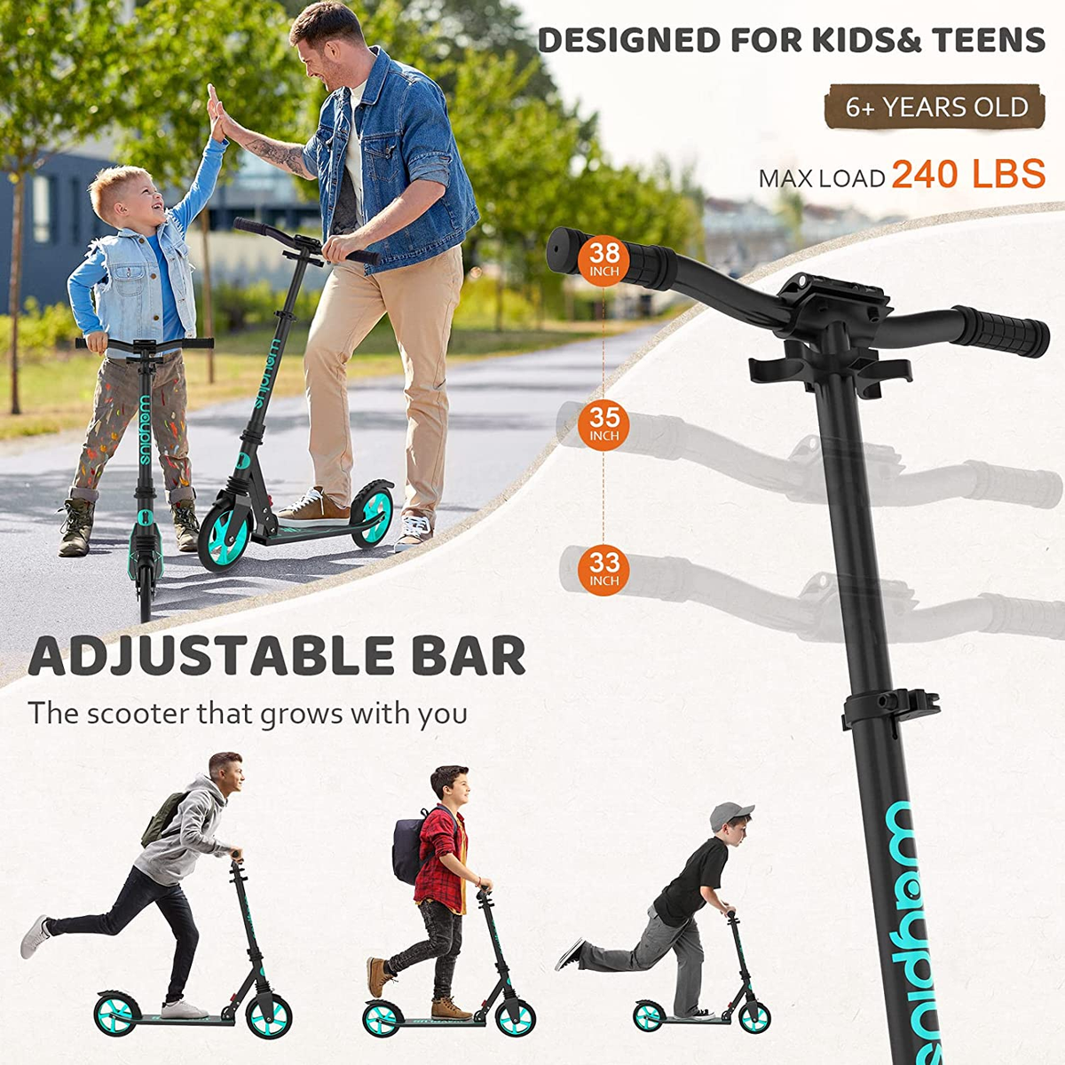 Kick Scooter for Ages 6+,Kid, Teens & Adults. Max Load 240 Kick Scooter for Ages 6+,Kid, Teens & Adults. Max Load 240
